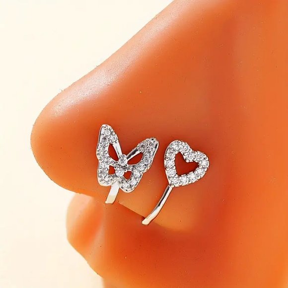 Jewelry - 2 Pcs Hollow Butterfly Hollow Love Heart Nose Clip Inlaid Shiny Zircon Fake Pier